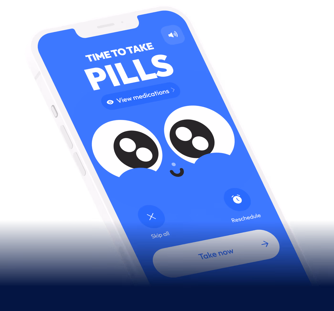 Pillo alarm screen saying Time to take pills, with Take now, Reschedule and Skip all buttons